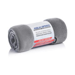 AQUA SPEED DRY SOFT mikrošķiedras dvielis, zils, sarullēts un sasietas ar lentu.