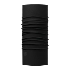 Buff Original Solid Black šalle — daudzfunkcionāls bezšuvju aksesuārs visu gadu lietošanai, izgatavots no 100% pārstrādātas poliestera mikrošķiedras no PET pudelēm; attēls uz balta fona.