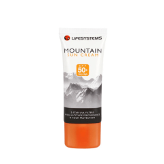 Lifesystems Mountain SPF50+ saules aizsargkrēma 50 ml plastmasas pudele ar uzpildiņa vāciņu, attēlots uz balta fona. Krēms ir viegli lietojams, izturīgs pret sviedriem, īpaši piemērots lietošanai lielā augstumā, piemēram, kalnos, nodrošinot plaša spektra 