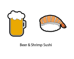 Tuva GAMMA STRING THINGS BEER/SHRIMP SUSHI vibrāciju slāpētāji uz balta fona — divi jautri tenisa raketes stīgu vibrāciju samazinātāji