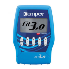 Compex Fit 3.0 muskuļu stimulācijas ierīces tuvplāns uz balta fona, ar Mi tehnoloģiju muskuļu tonizēšanai, atjaunošanai un sāpju mazināšanai.